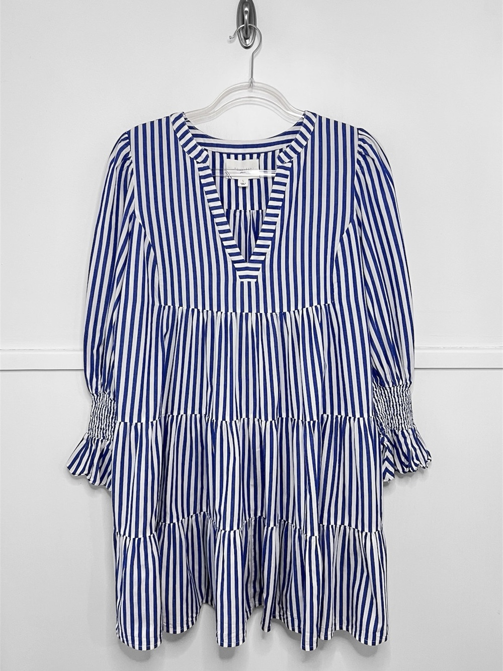 Pomander Place Kenzo Blue and White Stripe Cotton Poplin Tiered Mini Dress - Picture 9 of 13